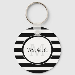 Chic Monogram With Large Black and White Stripes Keychain