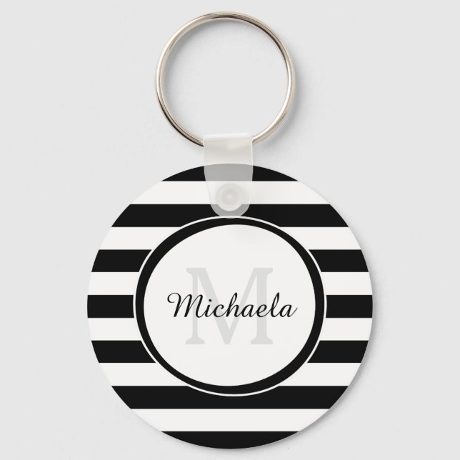 Chic Monogram With Large Black and White Stripes Keychain (Front)