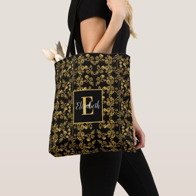 Chic Monogrammed Golden Damask swirl pattern Tote Bag (Close Up)