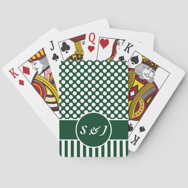 Chic Monogrammed Green Polka Dot Playing Cards (Back)