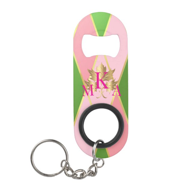 Chic Monogrammed Pink and Green  Keychain Bottle Opener (Front)