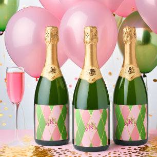 Chic Monogrammed Pink and Green Sparkling Wine Label