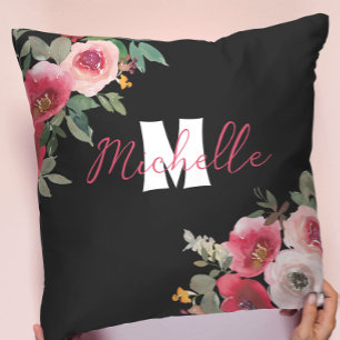 Chic monogrammed pink Floral watercolor Throw Pillow