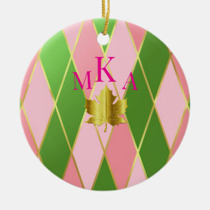 Chic Monogrammed Pink & Green Argyle Ceramic Ornament