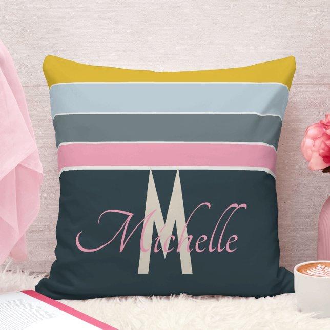 Chic Monogrammed Pink & Navy Blue Teal Striped Throw Pillow (Creator Uploaded)