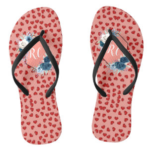 Chic monogrammed red heart blue flower on pink flip flops
