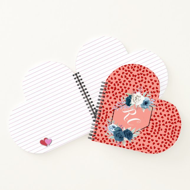 Chic monogrammed red heart blue flower on pink notebook (Inside)