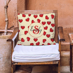 Chic monogrammed red hearts on yellow throw pillow