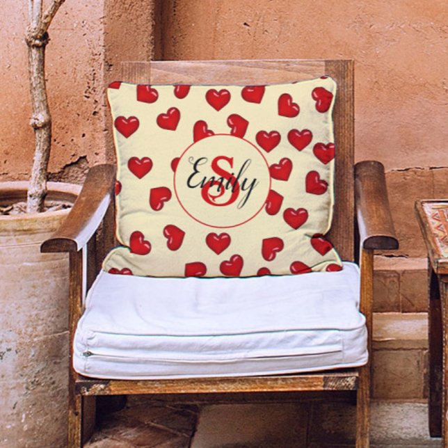 Chic monogrammed red hearts on yellow throw pillow (Creator Uploaded)
