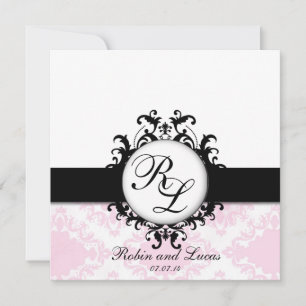 Chic Monograms Wedding Invite White Pink Damask