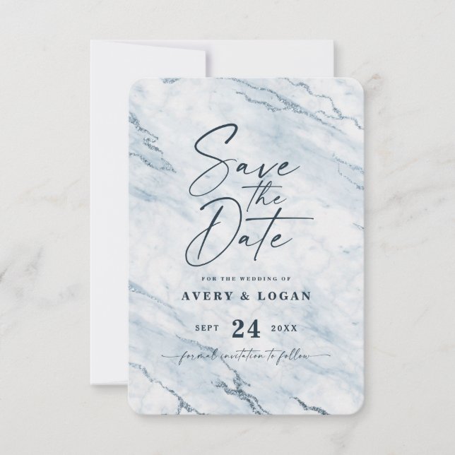Chic Moonlight Marble with Dusty Blue Foil Details Save The Date (Front)