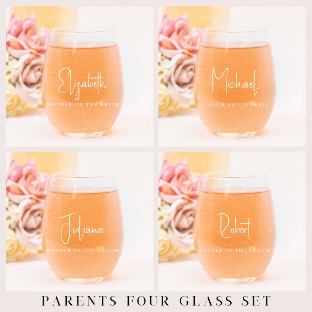 Chic Mother Father Personalized Wedding Stemless Wine Glass (Creator Uploaded)