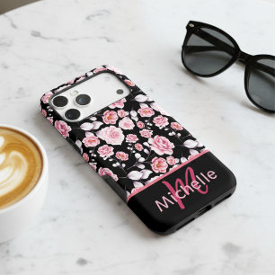 Chic Motif Floral Aquarelle Rose Monogramme Noir