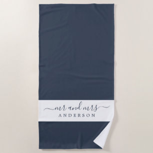Chic Mr Mrs Dark Blue White Monogrammed Beach Towel