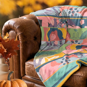 Chic Mustard Teal Fall Floral Patchwork Fleece Blanket