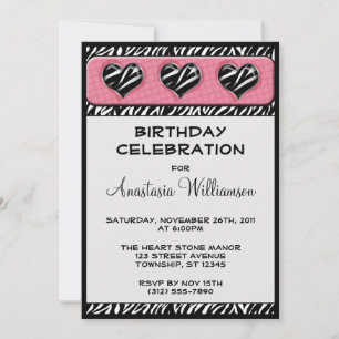 Chic My Heart Zebra Print Pink Birthday Invite