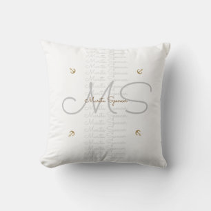 chic name & initials with anchors , monogram white outdoor pillow