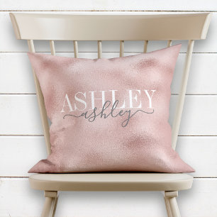 Chic Name Monogram Rose Gold Gray Elegant Throw Pillow