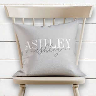 Chic Name Monogram White Gray Elegant Throw Pillow