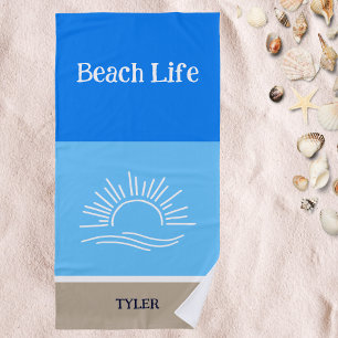 Chic Name Tan and Light Blue Stripes Sea Beach Towel