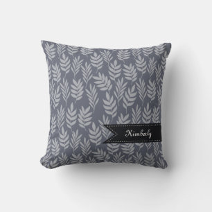 Chic Name With Elegant Slate Grey Leaves Pattern Throw Pillow
