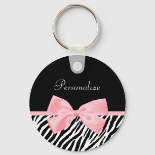 Chic Name Zebra Print Soft Girly Light Pink Ribbon Keychain