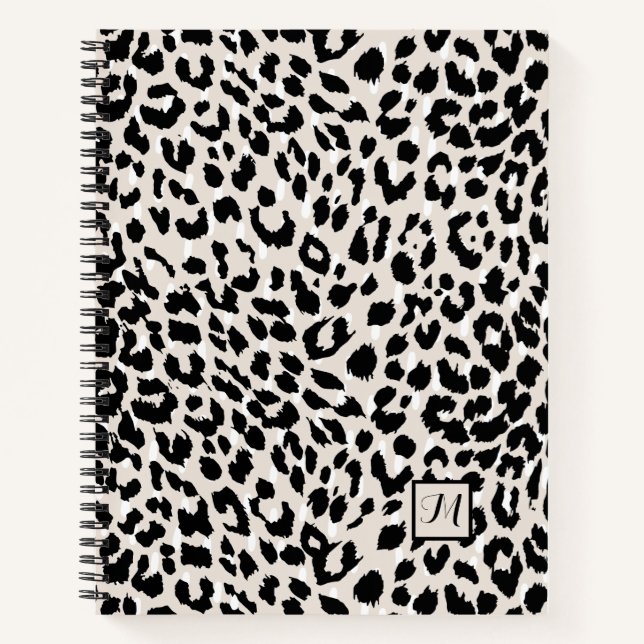 Chic Natural and Black Animal Print with Monogram Notebook (Front)
