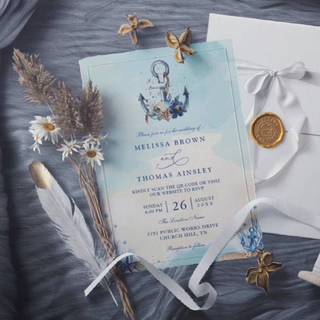 Chic Nautical Anchor Beach Modern QR Code Wedding  Invitation (Creator Uploaded)