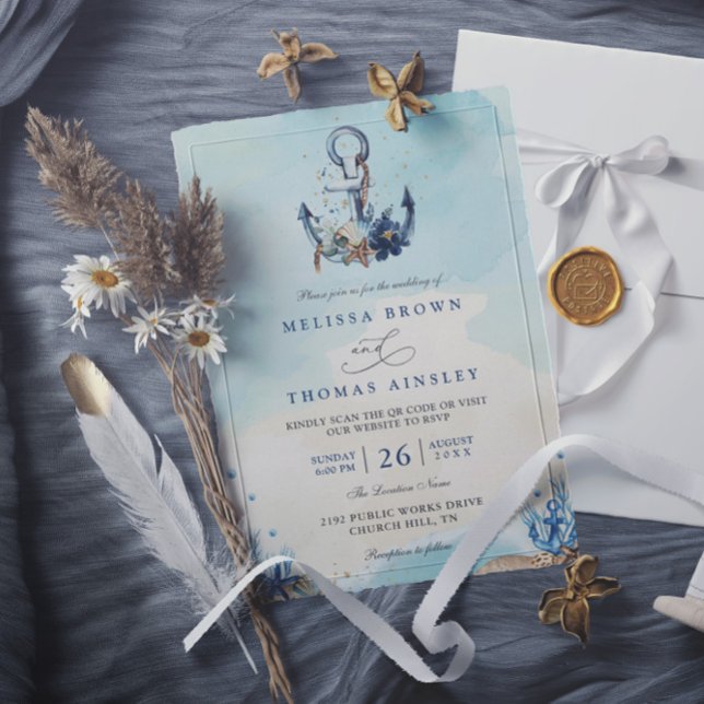 Chic Nautical Anchor Beach Modern QR Code Wedding Invitation (Creator Uploaded)