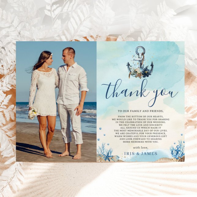 Chic Nautical Anchor Beach Modern Wedding Photo Thank You Card (Creator Uploaded)