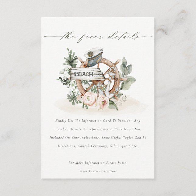 Chic Nautical Anchor Wheel Floral Wedding Details Enclosure Card (Front)