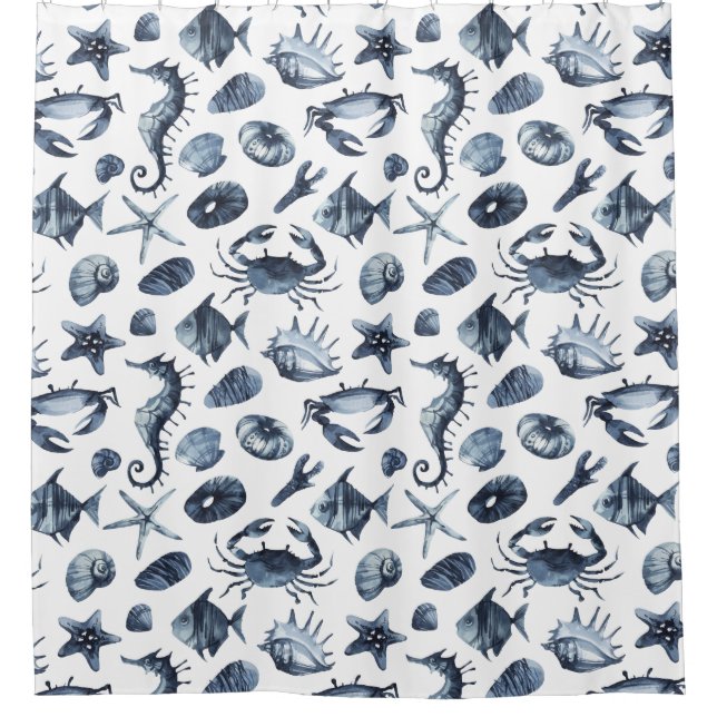Chic Nautical Blue Seashell seahorse starfish crab (Front)