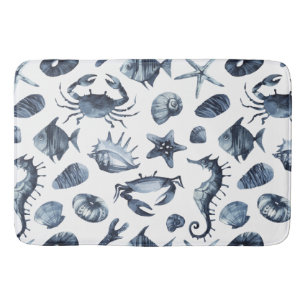 Chic Nautical Blue Seashell seahorse starfish crab Bath Mat