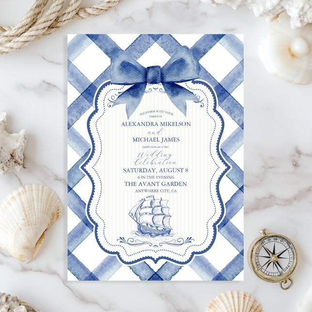 Chic Nautical Navy Blue Bow Wedding Invitation (Creator Uploaded)