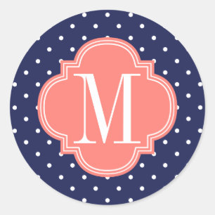 Chic Nautical Navy Polka Dots Coral Personalized Classic Round Sticker
