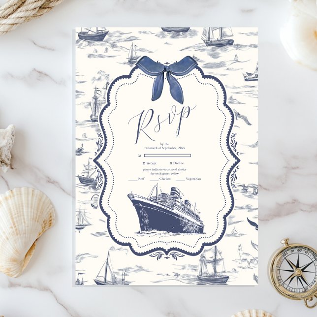 Chic Nautical Toile de Jouy Bow Wedding RSVP Card (Creator Uploaded)