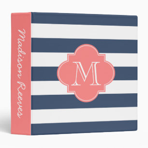 Chic Navy and Coral Striped Custom Monogram Binder