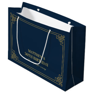 Chic Navy and Gold Art Deco Birthday Large Gift Bag