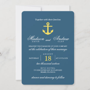 Chic Navy and Yellow Anchor Wedding Invitation