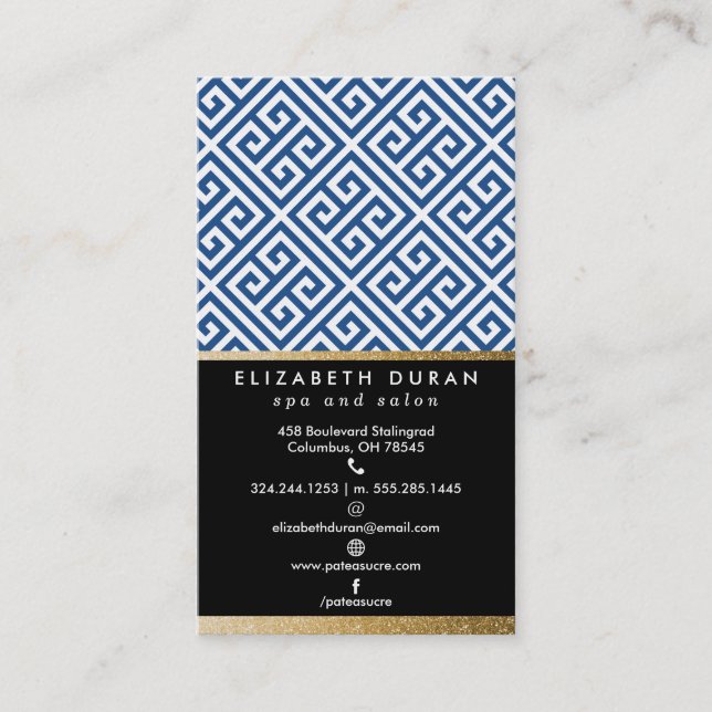 Chic Navy Black Gold Greek Key Pattern Custom Business Card (Front)