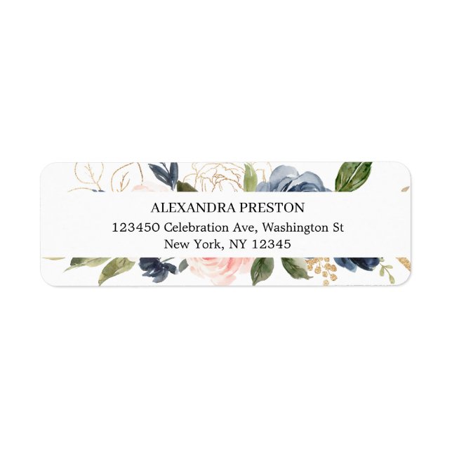 Chic Navy Blue and Blush Pink Floral Wedding Label (Front)