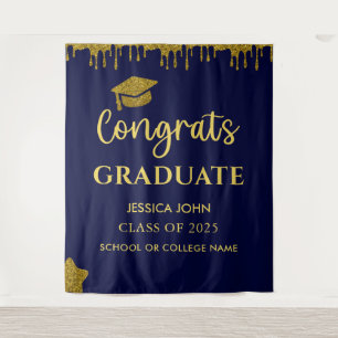 Chic Navy Blue And Gold Graduation Photo Backdrop Tapestry