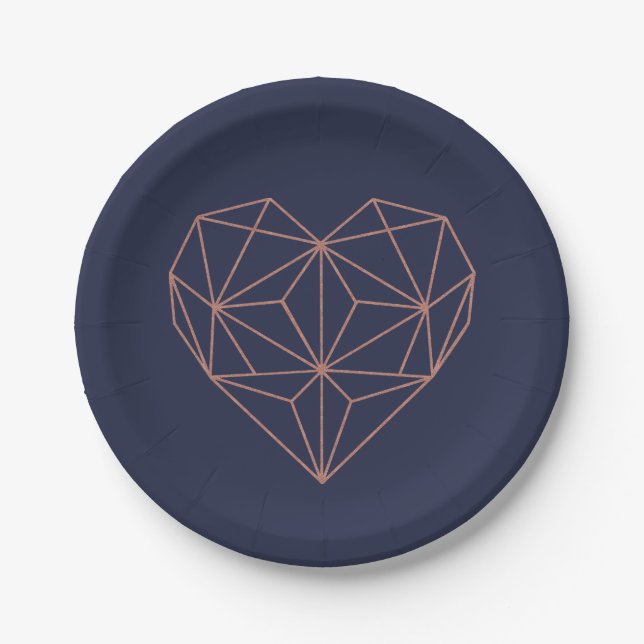 Chic Navy Blue and Rose Gold Foil Geometric Heart Paper Plate (Front)