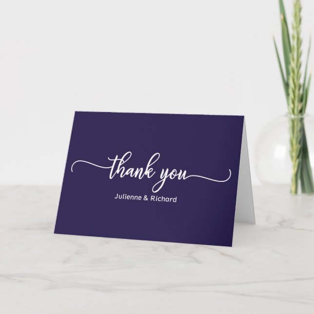 Chic Navy Blue And White Calligraphy Thank You Card (Front)