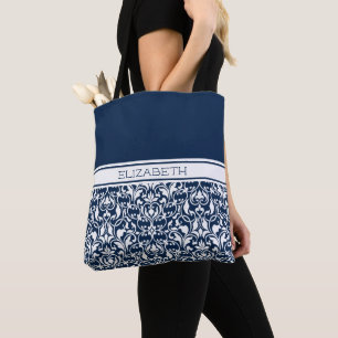 Chic Navy Blue and White Damask Personalized Tote Bag