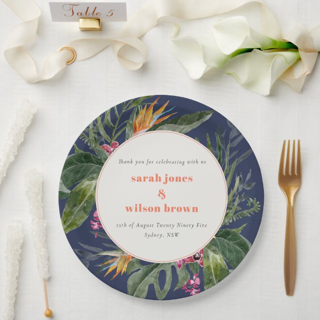 Chic Navy Blue Blush Boho Tropical Floral Wedding Paper Plate (Wedding)