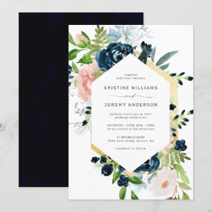 Chic Navy Blue Blush Pink Roses Floral Wedding Invitation