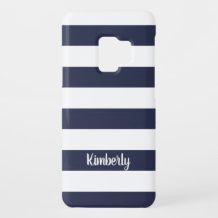 Chic navy blue bold stripe pattern custom monogram Case-Mate samsung galaxy s9 case