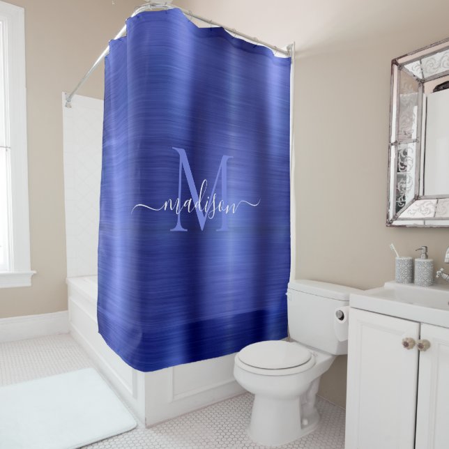 Chic Navy Blue Brushed Metal Monogram Girly Script (In Situ)