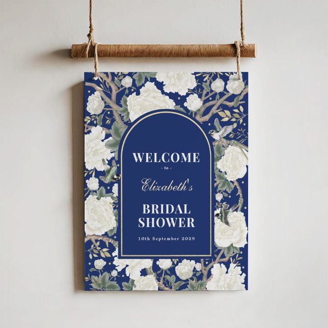 Chic Navy Blue Chinoiserie Bridal Shower Welcome Poster (Creator Uploaded)